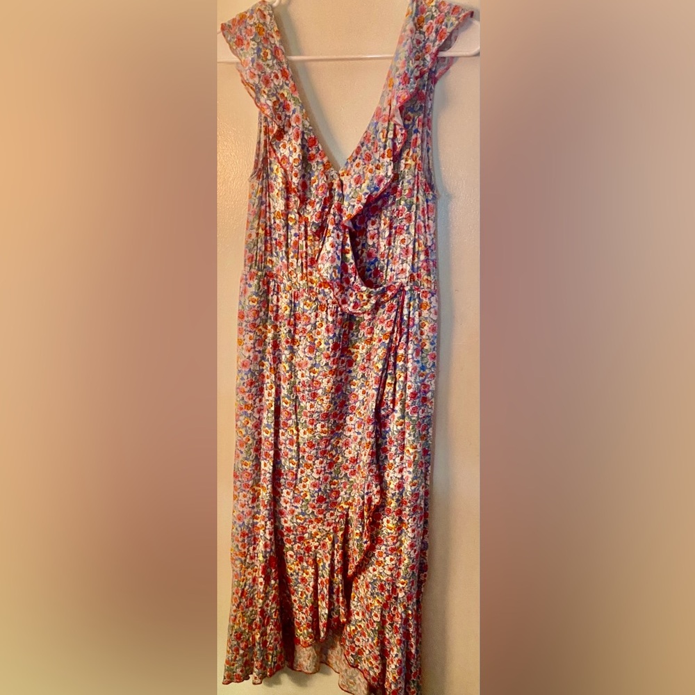 Lapis Floral Sleeveless Faux Wrap Floral Dress.  Cottagecore Boho Hippie. Large.